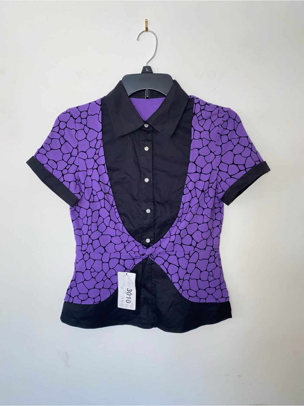 Purple Patterned Short-Sleeve Blouse with Black Trim